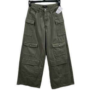 Forever 21 Womens Olive Cargo Pants Y2k Wide Leg Utility Multi Pocket Cotton S